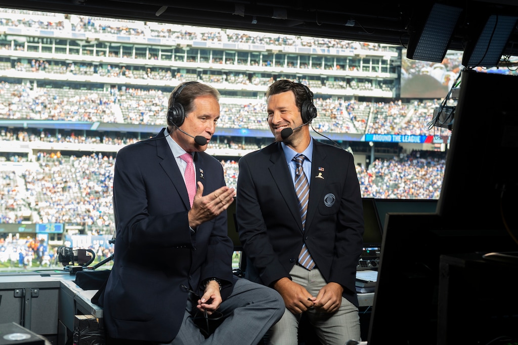 (Photo courtesy of Mary Kouw | CBS) Jim Nantz and Tony Romo will call the Super Bowl on Sunday.