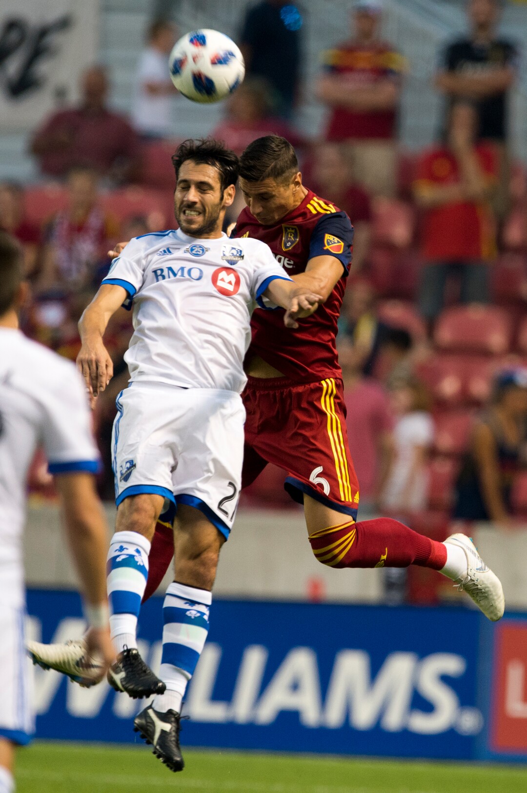 (Rick Egan  |  The Salt Lake Tribune)     Real Salt Lake midfielder Damir Kreilach (6) goes for the ball along with Montreal Impact forward Matteo Mancosu (21), in MLS action between Real Salt Lake and Montreal Impact, at Rio Tinto Stadium in Sandy, Saturday, Aug. 11, 2018.