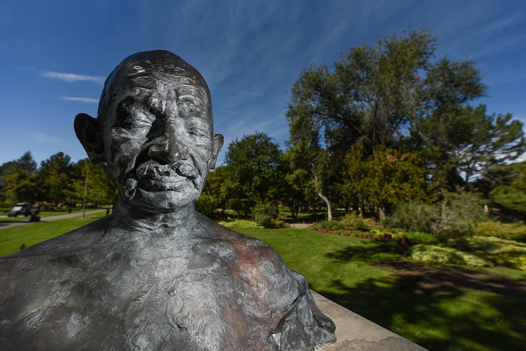 (Francisco Kjolseth  |  The Salt Lake Tribune)  Utahns are celebrating Gandhi's 150th birthday. The International Peace Gardens features a bust of him.