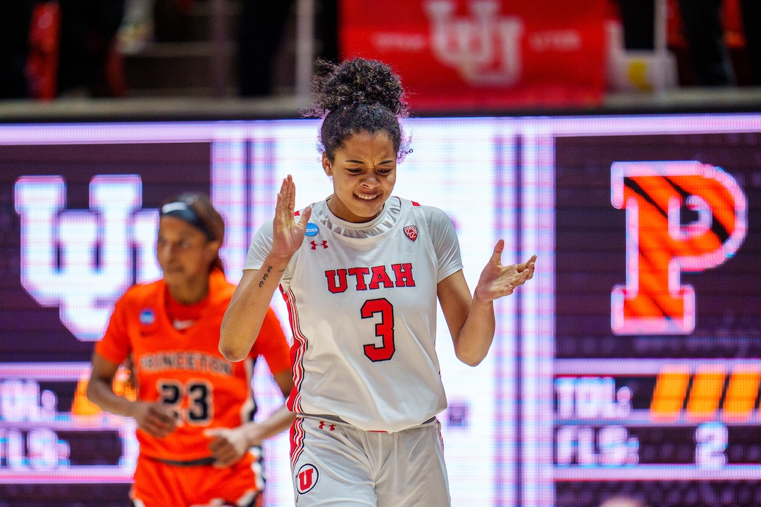 (Trent Nelson  |  The Salt Lake Tribune) Utah Utes guard Lani White (3) celebrates as Utah hosts Princeton, NCAA basketball in Salt Lake City on Sunday, March 19, 2023.