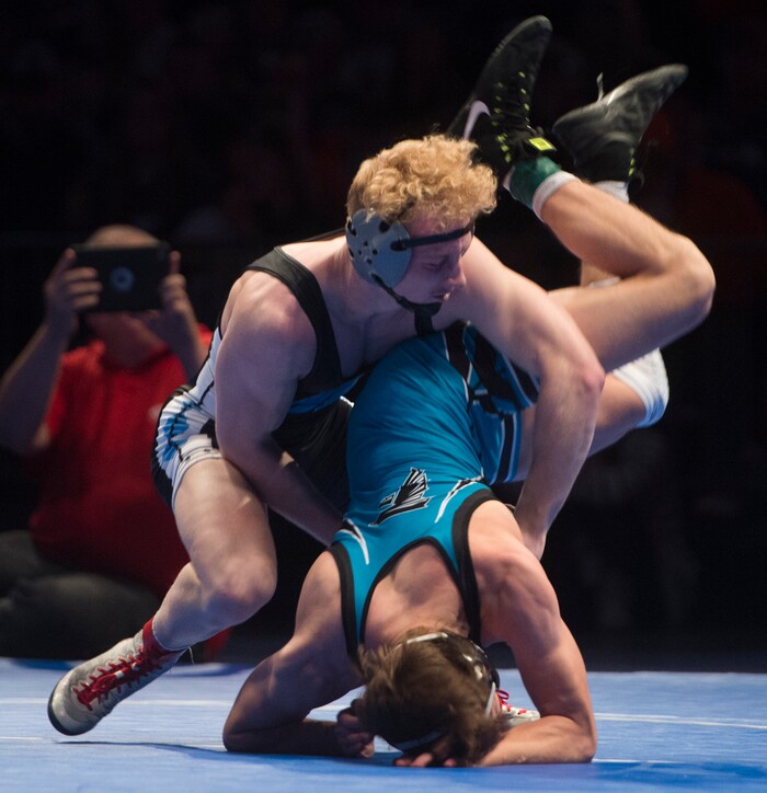 (Rick Egan  |  The Salt Lake Tribune)   Ryan Hansen (Sky View) defeats Brady Lowry (Canyon View) (Dec 8-5) in the 145 weight class, in the 4A State Wrestling at UVU in Orem, Saturday, February 10, 2018.