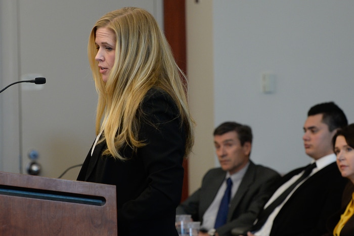 (Francisco Kjolseth  |  The Salt Lake Tribune)  Bethany Warr, attorney for the victim in the case involving former Brighton High and University of Southern California linebacker Osa Masina, speaks before the judge during his sentencing hearing for sexual battery at the Matheson Courthouse in Salt Lake City on Tuesday, Dec. 5, 2017. Masina was sentenced to 365 days in jail, followed by two years on probation and won't be required to register as a sex offender.