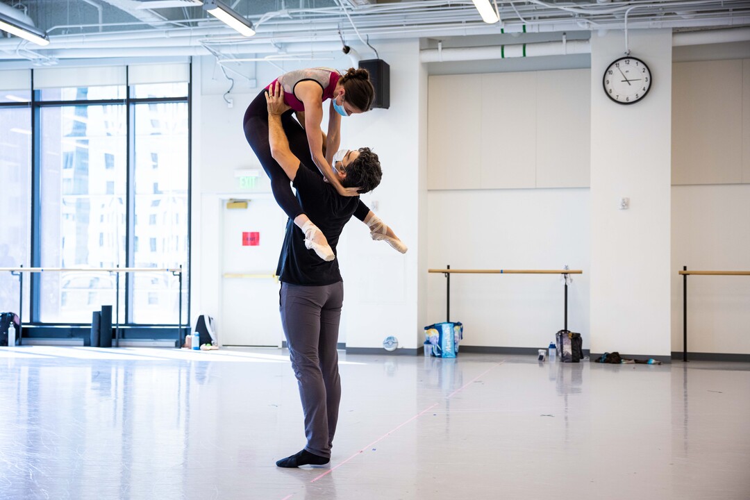 (Beau Pearson  |  courtesy of Ballet West) First soloist Allison DeBona and principal artist Rex Tilton rehearse, in socially distanced conditions, for Ballet West's season opener, "Nine Sinatra Stories." Because of COVID-19 restrictions, only married and cohabitating dancers are performing duets for this show.