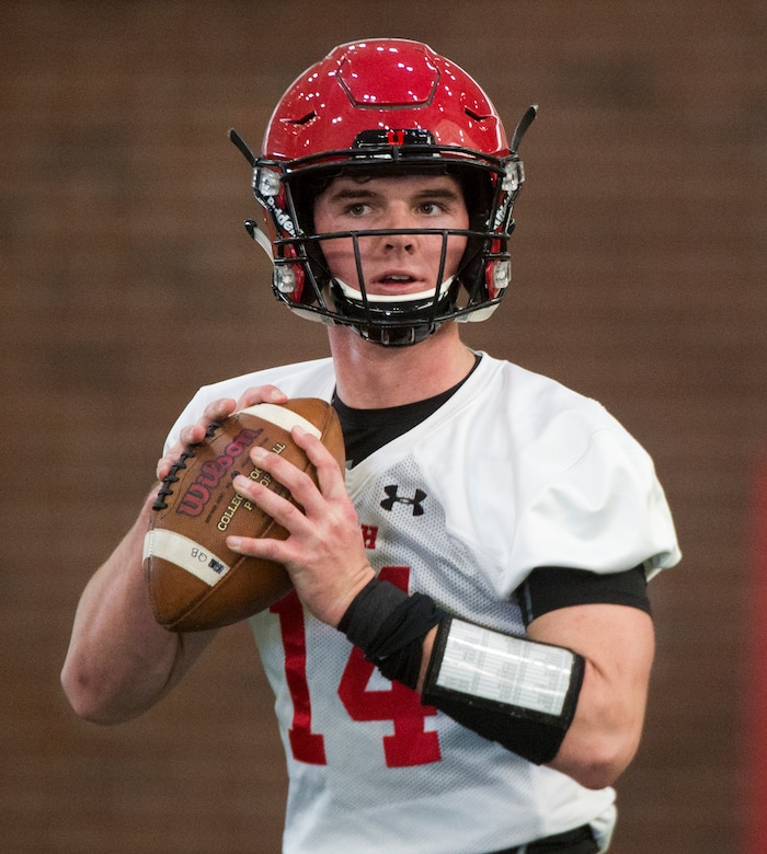 (Rick Egan  |  The Salt Lake Tribune)    Utah freshman quarterback Jack Tuttle works out on the first day of Spring practice, Monday, March 5, 2018.


