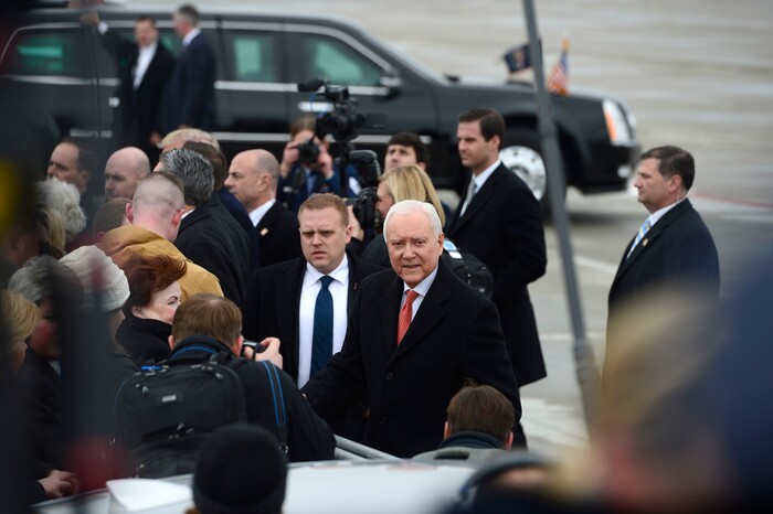 (Scott Sommerdorf   |  The Salt Lake Tribune)   Senator Orrin Hatch visits with a crowd of Trump admirers after he arrived in Salt Lake City, Monday, December 4, 2017.  