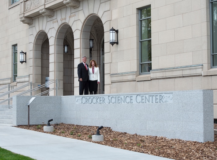 (Rick Egan  |  The Salt Lake Tribune)     Gary and Ann Crocker, at the opening of the new Gary and Ann Crocker Science Center on Presidents Circle, Thursday, April 19, 2018.


