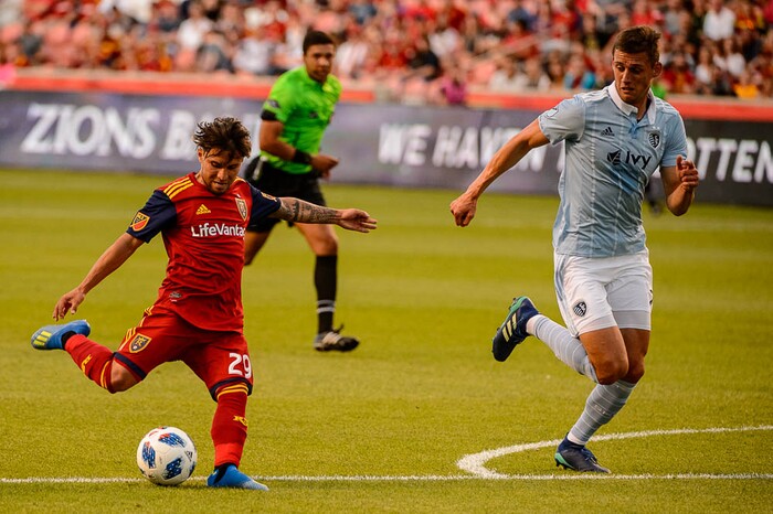 (Trent Nelson | The Salt Lake Tribune)
Real Salt Lake midfielder Jose Hernandez (29) takes a shot as Real Salt Lake hosts Sporting Kansas City in a U.S. Open Cup match in Sandy, Wednesday June 6, 2018.
