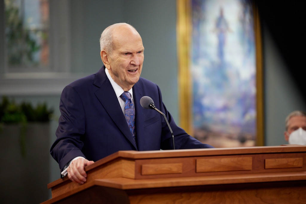 (The Church of Jesus Christ of Latter-day Saints)
President Russell. M. Nelson speaks from a studio on Temple Square to Latter-day Saints throughout Europe. The devotional aired on Sunday, Jan. 23, 2022. Nelson, who turns 98 in September, is on the brink of becoming the church's oldest prophet-president.