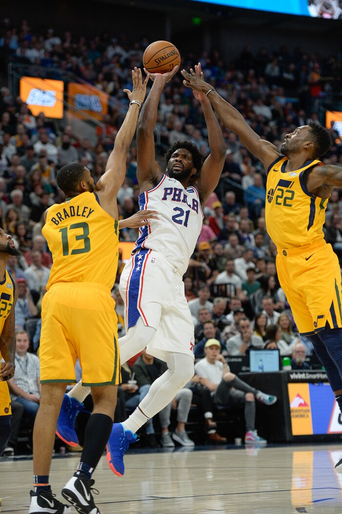 (Francisco Kjolseth  |  The Salt Lake Tribune)  Utah Jazz center Tony Bradley (13) and Utah Jazz forward Jeff Green (22) pressure Philadelphia 76ers center Joel Embiid (21) as the Utah Jazz host the Philadelphia 76ers in their NBA basketball game at Vivint Smart Home Arena in Salt Lake City on Wednesday, Nov. 6, 2019.