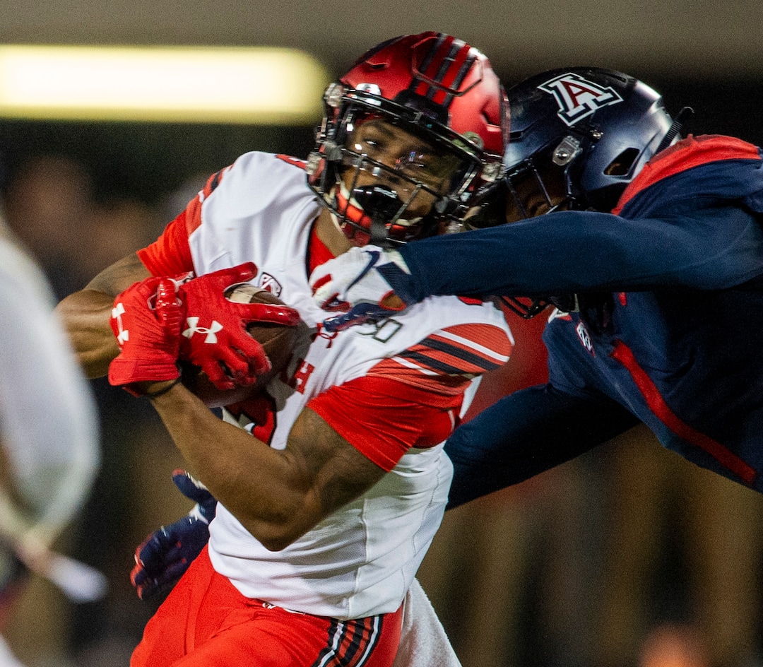 (Rick Egan  |  The Salt Lake Tribune)      Arizona Wildcats linebacker Tony Fields II (1) is called for a penalty as he grabs Utah Utes wide receiver Demari Simpkins (3) by the face mask, in PAC-12 action between the Utah Utes and the Arizona Wildcats in Tucson, Saturday, Nov. 23, 2019.