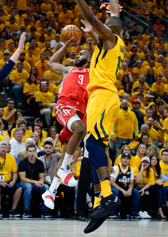 (Scott Sommerdorf | The Salt Lake Tribune)
Houston Rockets guard Chris Paul (3) hurt the Jazz again and again during second half play. The Rockets beat the Jazz 100-87, Sunday, May 6, 2018.
