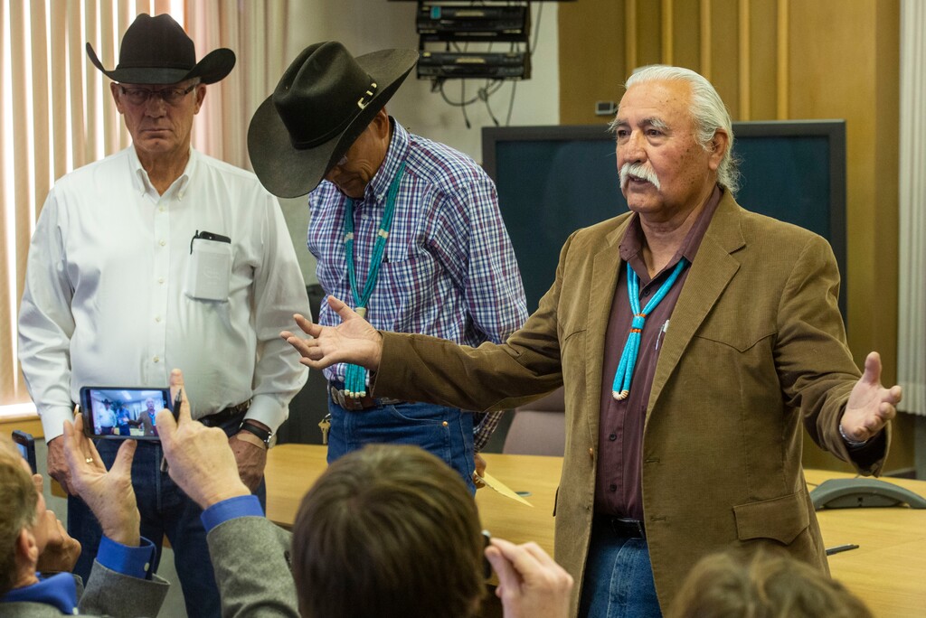 (Rick Egan | Tribune file photo)  Bruce Adams, Kenneth Maryboy and Willie Grayeyes thank their supporters, after being sworn in to the San Juan County Commission, at the San Juan County Courthouse in Monticello, Monday, Jan. 7, 2019.