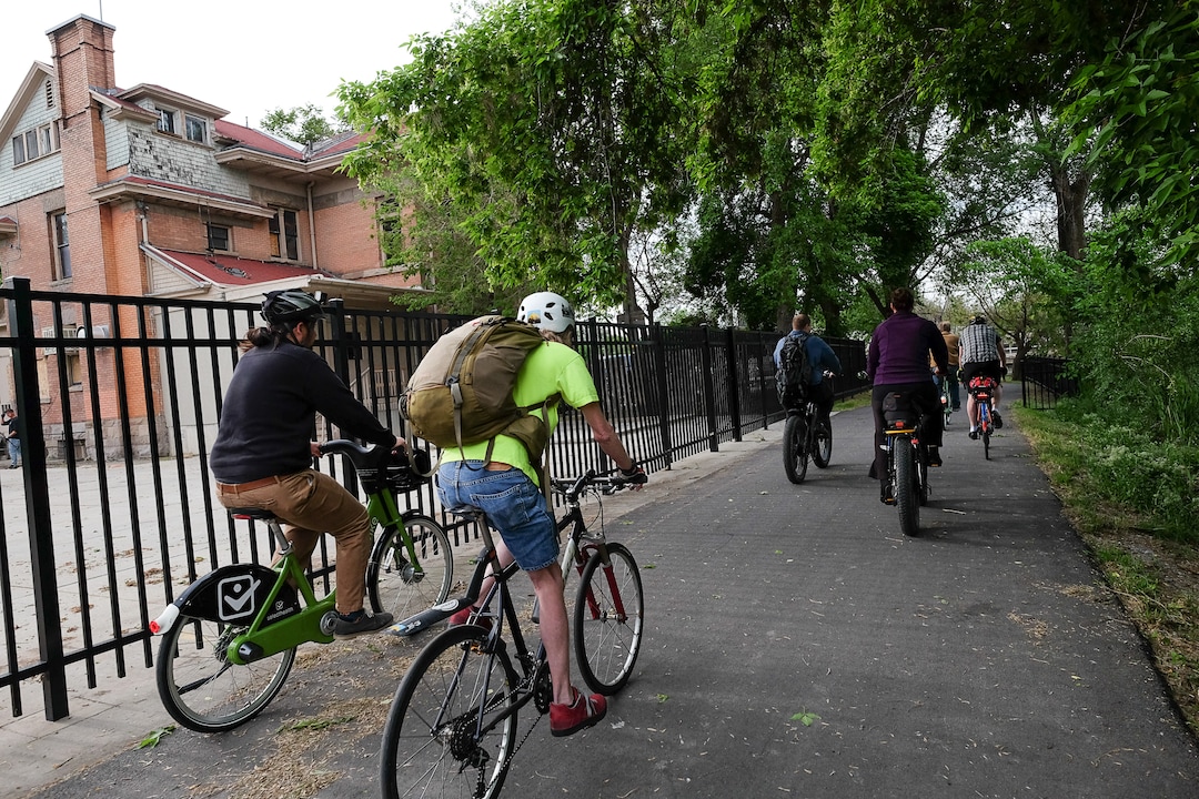(Francisco Kjolseth  |  The Salt Lake Tribune)  Salt Lake City Mayor Jackie Biskupski is joined by members of the public and city employees on Thursday, May 16, 2019, as part of the annual MayorÕs Bike to Work Day. This yearÕs ride began at the Northwest Recreation Center and ran primarily along the Jordan River Trail in an effort to show off the investments the city and others have made to the trail which passes right by the old Fisher Mansion and carriage house.