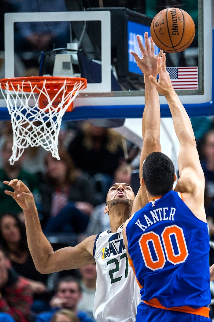 (Chris Detrick  |  The Salt Lake Tribune)  Utah Jazz center Rudy Gobert (27) blocks New York Knicks center Enes Kanter (00) during the game at Vivint Smart Home Arena Friday, January 19, 2018.  