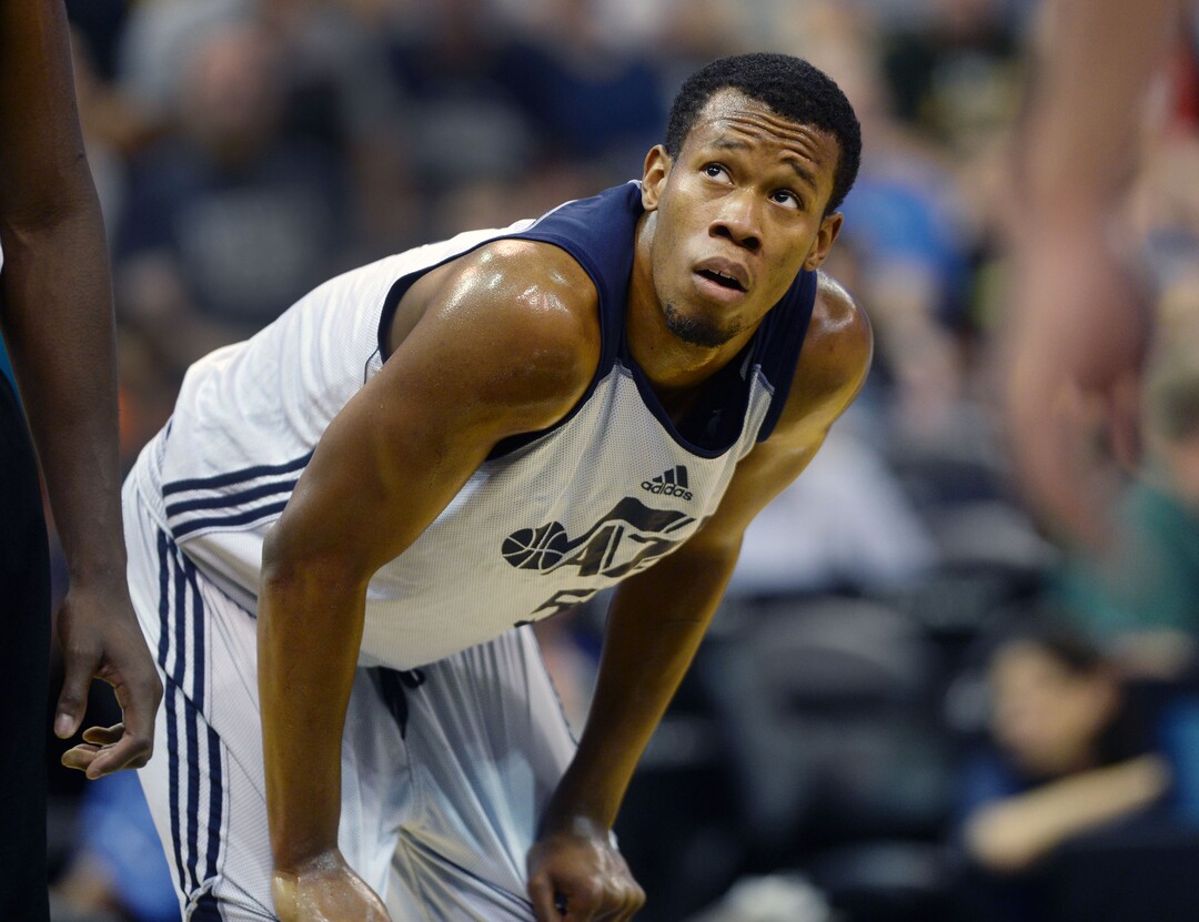 Steve Griffin  |  The Salt Lake TribuneUtah's Rodney Hood looks up at the basket during the Utah Jazz Summer League game between the Jazz and the San Antonio Spurs at EnergySolutions Arena in Salt Lake City, Tuesday, July 7, 2015. 
