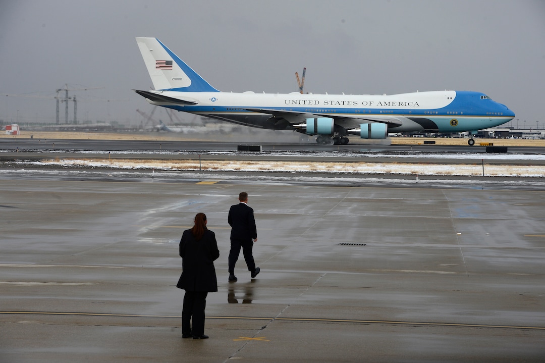(Scott Sommerdorf   |  The Salt Lake Tribune)   The arrival of Air Force One at the Ronald R Wright National Air Guard Base, Monday, December 4, 2017.  