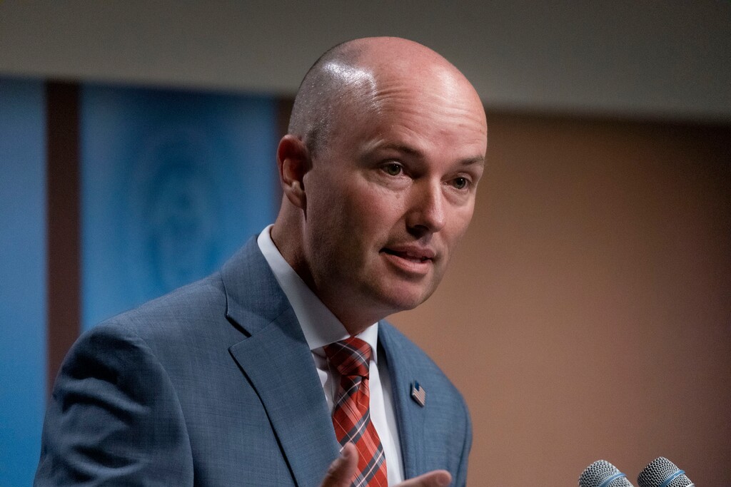 (Laura Seitz | Pool) Gov. Spencer Cox speaks during the PBS Utah governor's monthly news conference at the Eccles Broadcast Center in Salt Lake City on Thursday, Aug. 17, 2023.