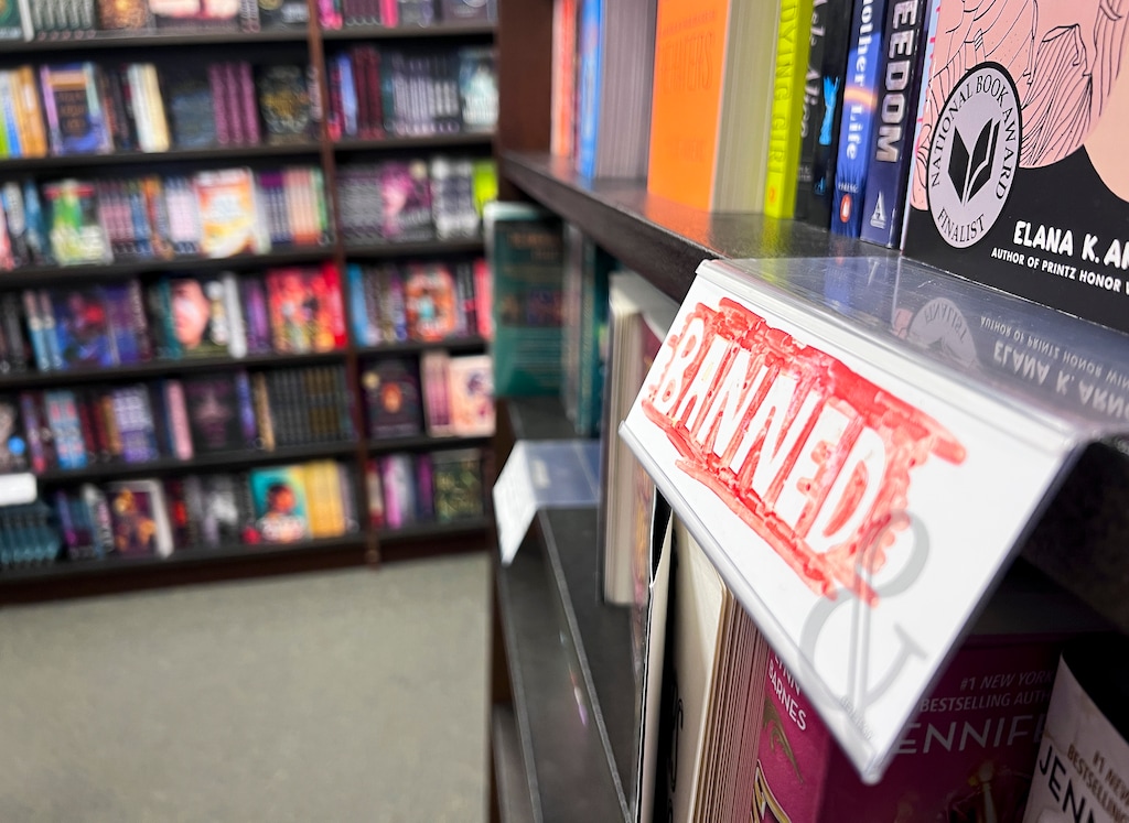 (Bethany Baker  |  The Salt Lake Tribune) A sign indicates a book for sale at Barnes and Noble that has been banned in Utah public schools in Salt Lake City Saturday, Dec. 14, 2024.