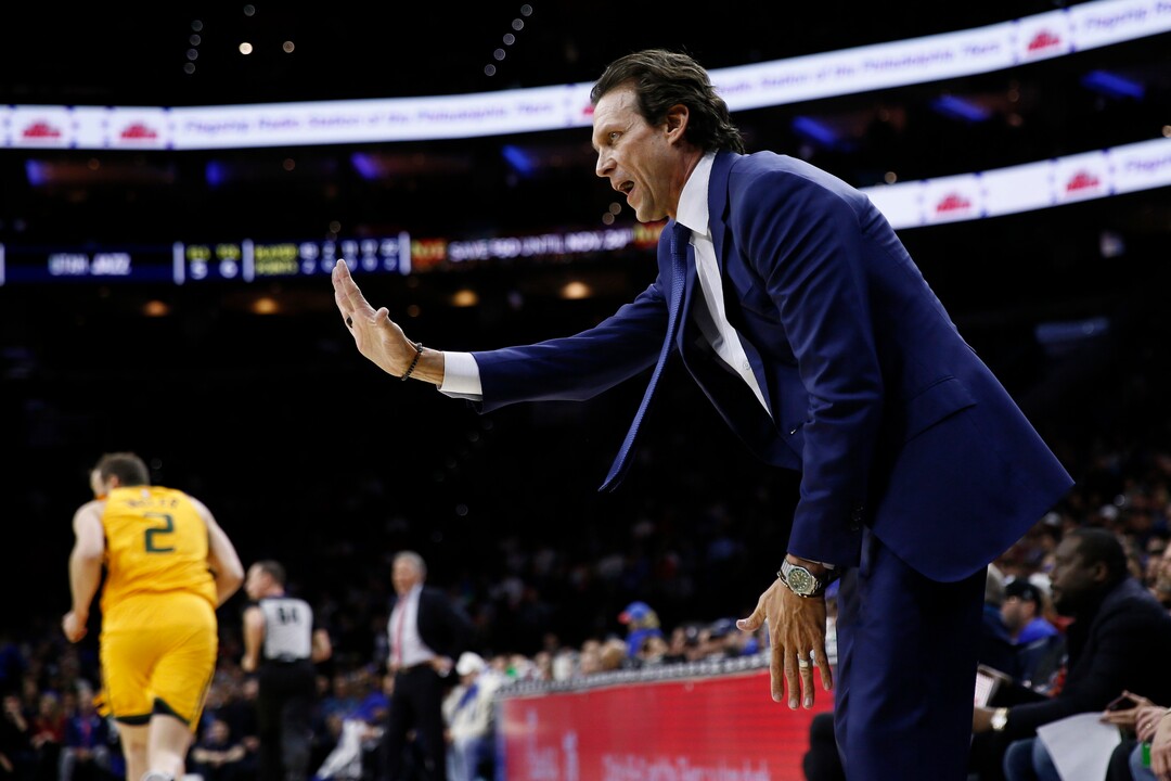 Utah Jazz head coach Quin Snyder reacts to a call during the first half of an NBA basketball game against the Philadelphia 76ers, Monday, Dec. 2, 2019, in Philadelphia. (AP Photo/Matt Slocum)