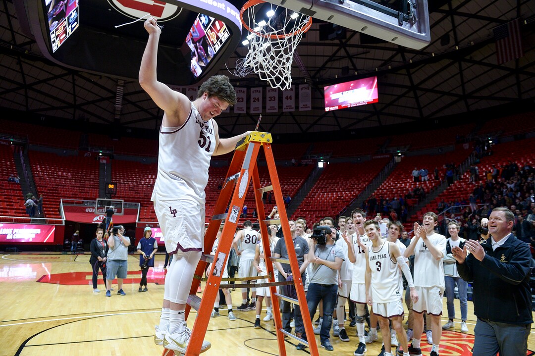 (Leah Hogsten  |  The Salt Lake Tribune) Lone Peak's Conner Pay (51) cuts the net. Lone Peak defeated Pleasant Grove 61-44 to win the 6A High School BoysÕ Basketball Tournament Championship at the Jon M. Huntsman Center in Salt Lake City, Saturday, March 3, 2018. 
