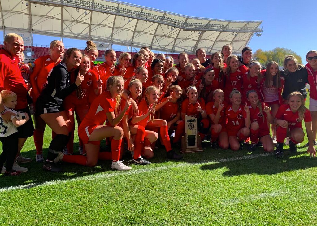 (Alex Vejar | The Salt Lake Tribune) The American Fork girls soccer team poses for a photo after winning the 6A championship with a 1-0 victory over Davis on Friday at Rio Tinto Stadium in Sandy, Utah.