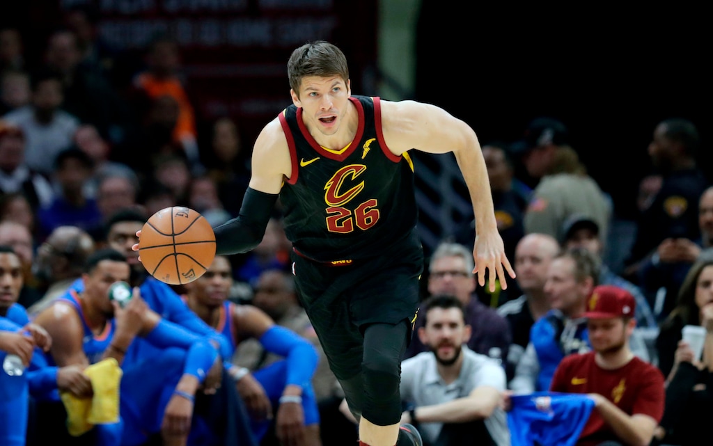 FILE - In this Jan. 20, 2018, file photo, Cleveland Cavaliers' Kyle Korver drives against the Oklahoma City Thunder in the first half of an NBA basketball game, in Cleveland. While dealing with a sore right foot, Korver is trying to manage his broken heart. As he tries to focus on basketball, Cleveland’s forward is grieving from the recent tragic death of his youngest brother, Kirk, who died at 27. Korver has been overwhelmed by the support he has received from the NBA community as he grapples with personal emotions that have made it tough to focus on his job. (AP Photo/Tony Dejak, File)