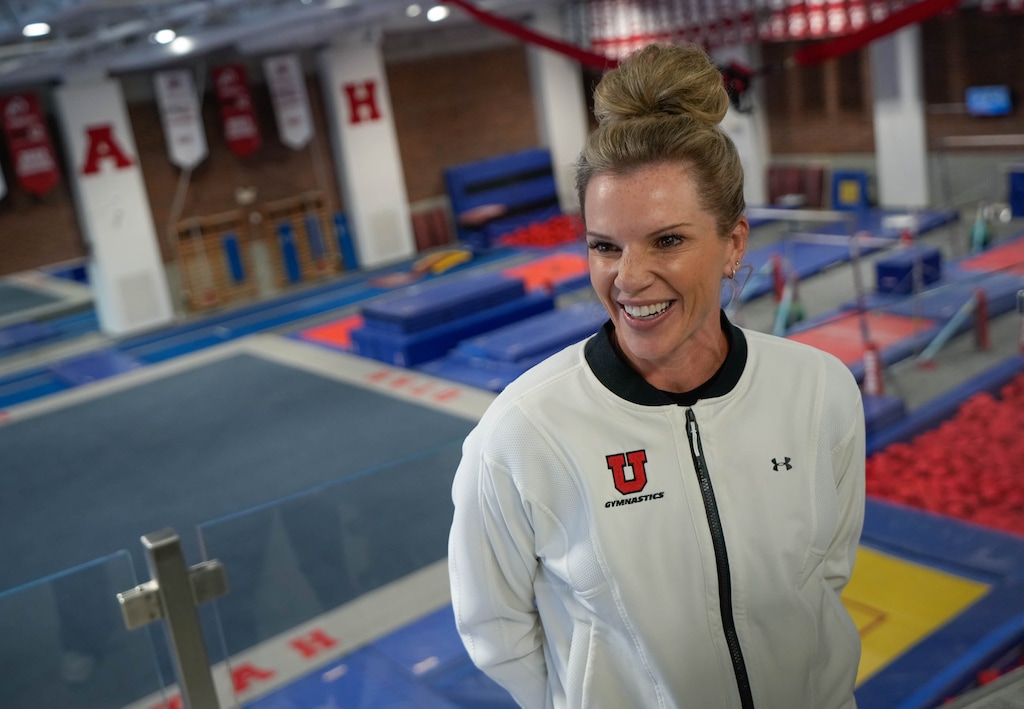 (Francisco Kjolseth  |  The Salt Lake Tribune) Carly Dockendorf, new head coach of Utah gymnastics, speaks with the media at the Dumke Gymnastics Center on Friday, Dec. 8, 2023.