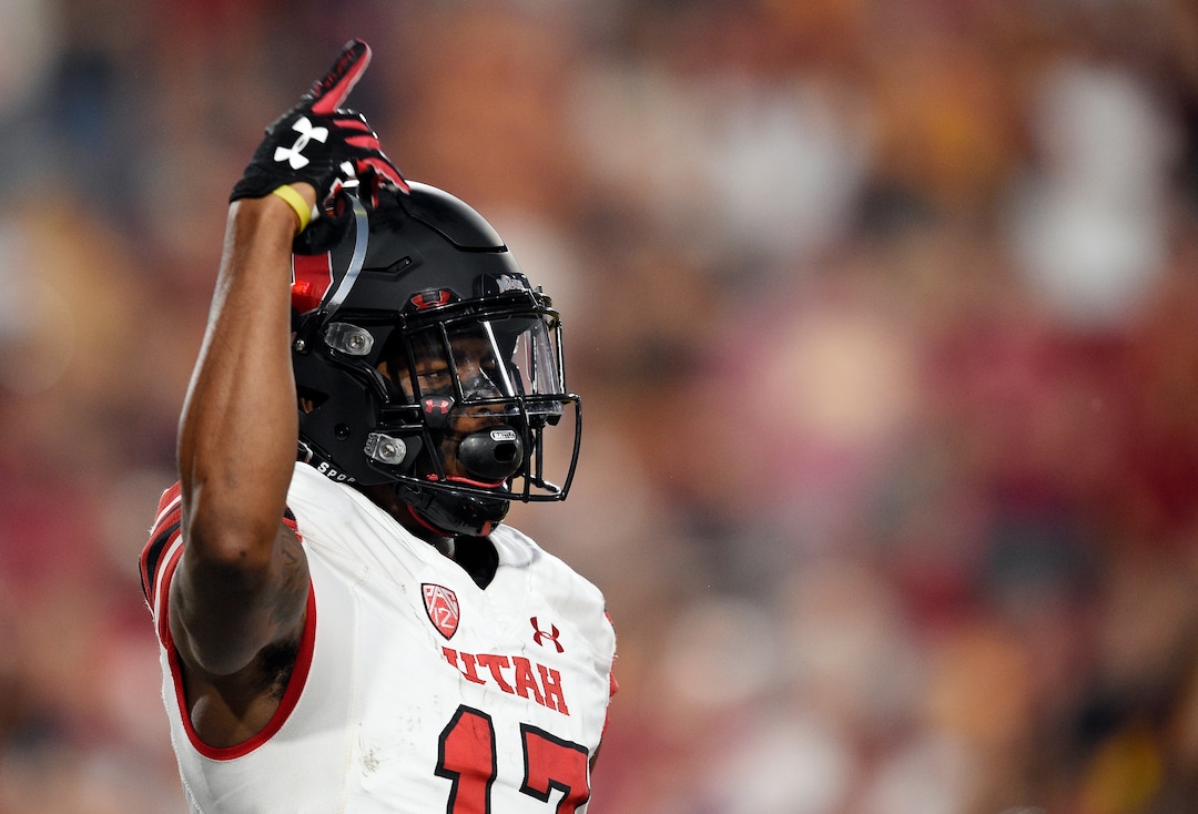 Utah wide receiver Demari Simpkins celebrates after catching a pass for a touchdown during the first half of an NCAA college football game against Southern California in Los Angeles, Saturday, Oct. 14, 2017. (AP Photo/Kelvin Kuo)