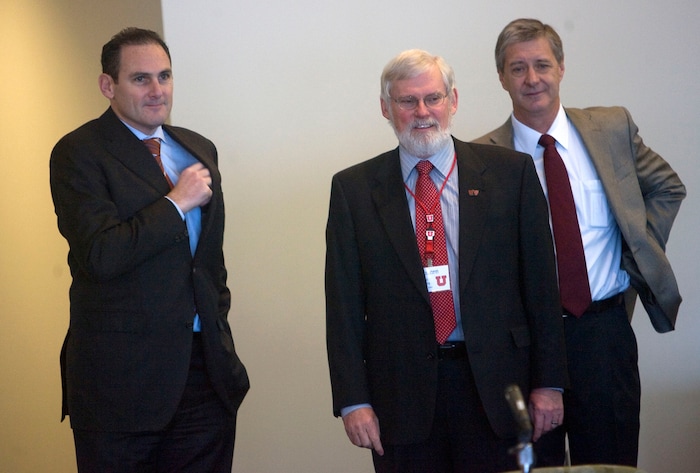 (Al Hartmann  |  Tribune File Photo)  University of Utah President David Pershing, center, prepares to introduce Pac-12 Commissioner Larry Scott, left.   University of Utah Athletic Director Chris Hill, at right.  PAC 12 presidents are meeting in Salt Lake City for the first time ever at a "Front Porch" forum Thursday February 9, 2012, at the Utah Natural History Museum.