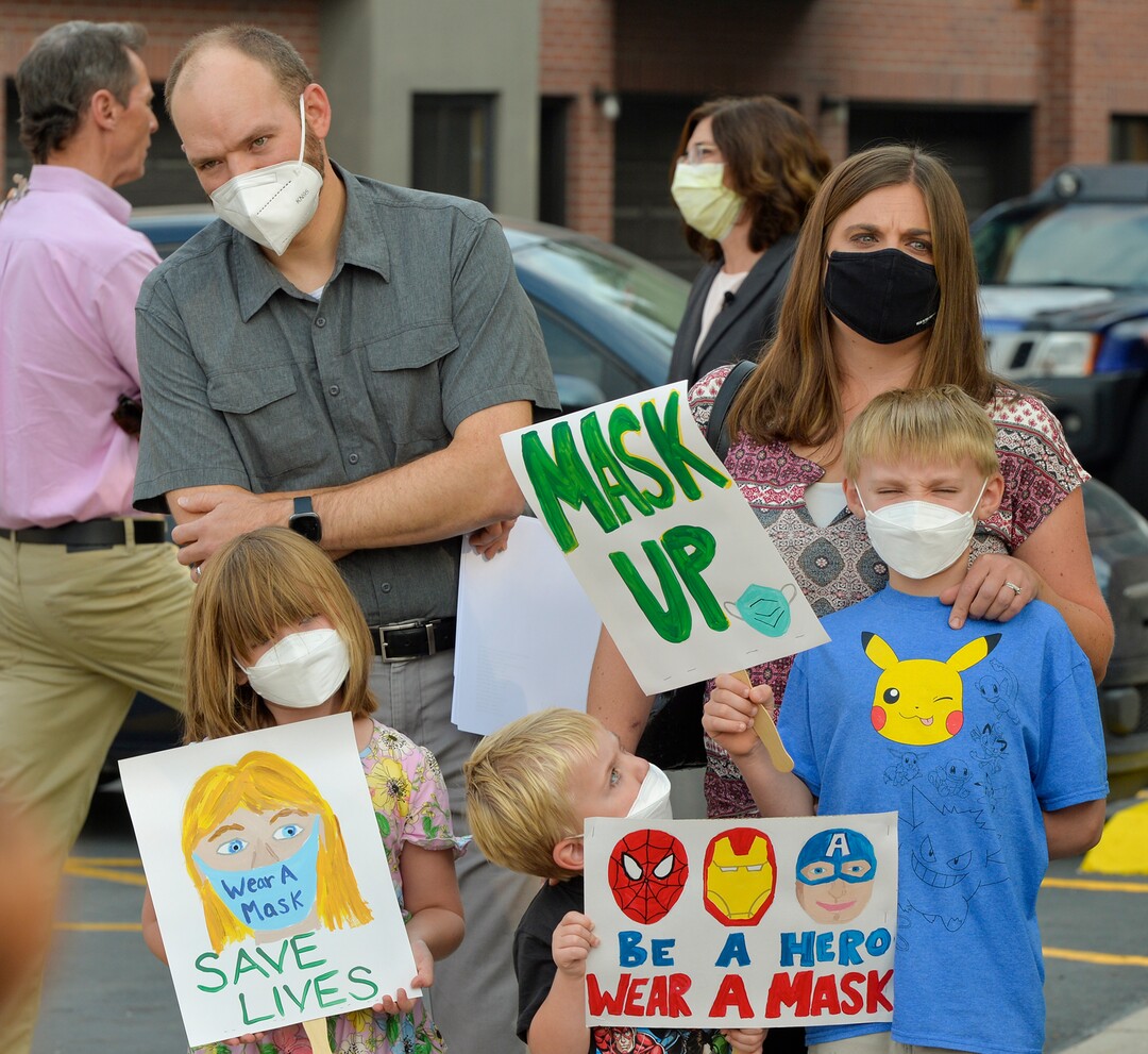 (Chris Samuels | The Salt Lake Tribune) People participate at a rally advocating mask use in schools outside the Utah Board of Education building, Friday, Aug. 6, 2021.