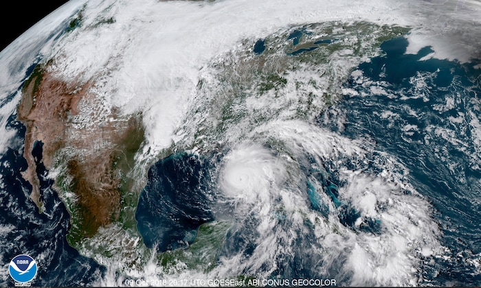 (NOAA | The Associated Press) This satellite image made available by NOAA shows Hurricane Michael, center, in the Gulf of Mexico on Tuesday, Oct. 9, 2018 at 3:17 p.m. EDT.