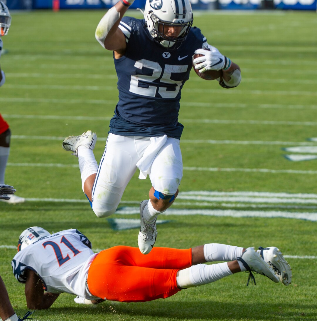 (Rick Egan  |  The Salt Lake Tribune)    Brigham Young running back Tyler Allgeier (25) runs for a Cougar touchdown, in football action between the Brigham Young Cougars and the UTSA Roadrunners, at Lavell Edwards stadium, Saturday, Oct. 10, 2020.