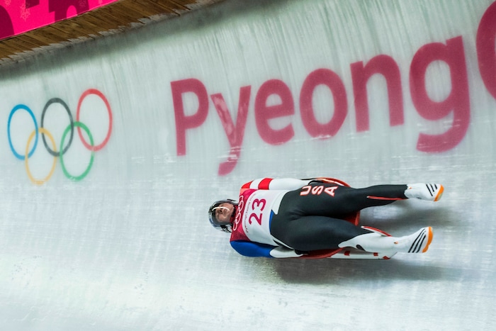 (Chris Detrick | The Salt Lake Tribune) South Jordan's Taylor Morris competes in the Men's Singles luge at the Olympic Sliding Centre during the Pyeongchang 2018 Winter Olympics Saturday, February 10, 2018. Morris finished this run in 15th place with a time of 48.072.