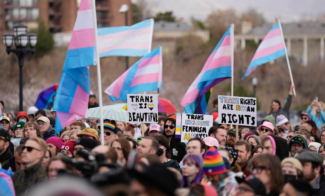 (Francisco Kjolseth  | The Salt Lake Tribune) Hundreds of people show up at the Utah State Capitol on Mar. 29, 2025 to fly the largest transgender pride flag in Utah. The unveiling of the flag is part of celebrations for Transgender Day of Visibility, hosted by local nonprofits Utah Pride Center and The Glitter Foundation.