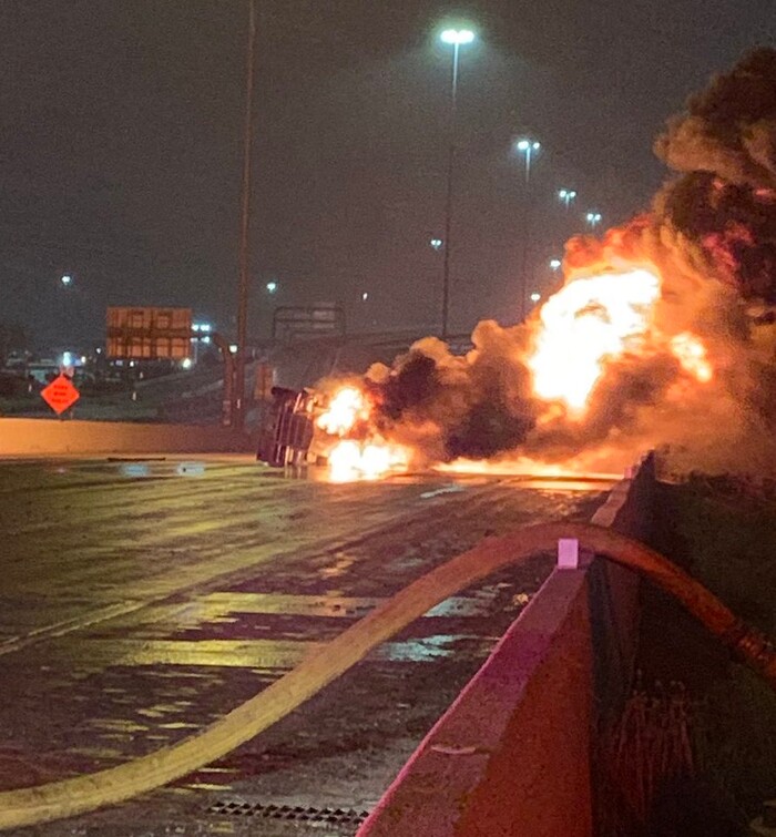 (Photo courtesy Salt Lake City Fire Department) A diesel tanker burst into flames after an accident early Friday morning, shutting down southbound I-15.