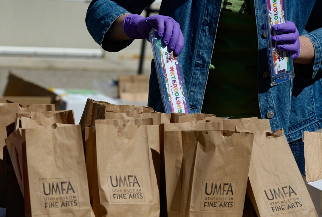 (Francisco Kjolseth  |  The Salt Lake Tribune) The UMFA learning engagement team assemble "UMFA Art Kits," to provide art supplies to high school students to help them complete end-of-year course work. The volunteers filled 1,500 kits with colored pencils, postcards and art activities on Friday, May 4, 2020, to help kids in the Granite School District and Whitehorse High School in San Juan County, to finish school projects and get excited about home projects during the coronavirus pandemic.