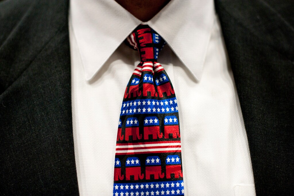 (Daniel Acker | The New York Times)

A tie with Republican elephants in Bettendorf, Iowa, on Nov. 14, 2011. "For now Republican politicians are doing Democrats a big favor," writes New York Times columnist Paul Krugman. "Clinging to discredited economic ideas that even their own supporters dislike.