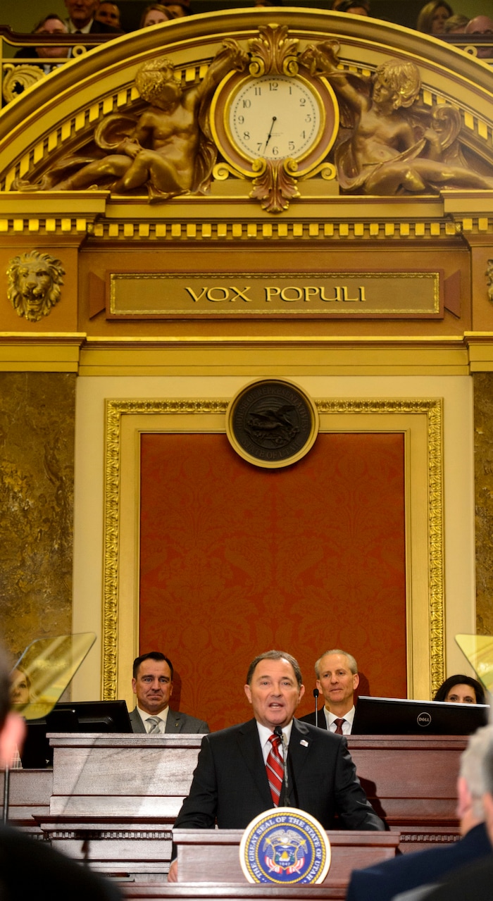 (Steve Griffin  |  The Salt Lake Tribune) Gov. Gary Herbert gives his State of the State address in the Utah House of Representatives in Salt Lake City Wednesday January 24, 2018.