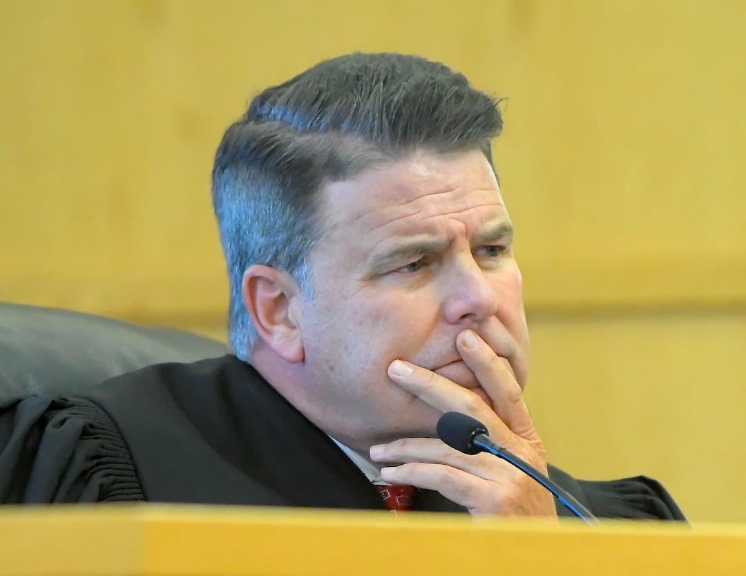 (Eli Lucero  |  Herald Journal) Judge Kevin Allen listens as Prosecuting Attorney James Swink speaks at Alex Whipple's sentencing hearing on Tuesday in Logan. Whipple was sentenced to life without the possibility of parole for murdering his niece Lizzy Shelley. 