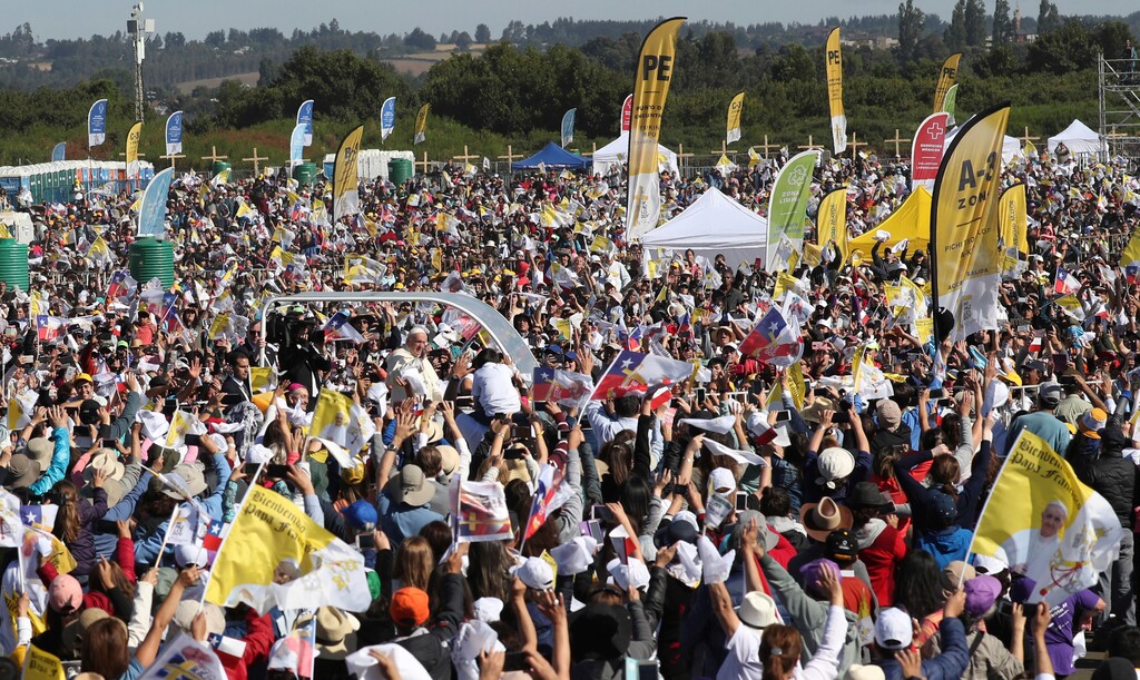 (AP Photo/Alessandra Tarantino) Pope Francis arrives on popemobile to celebrate a Mass at the Maquehue Air Base, in Temuco, Chile, Wednesday, Jan. 17, 2018. Leaders of both the Mapuche and the Chilean government have expressed hope that Francis can facilitate dialogue. Their disputes date back to the late 19th century, when the Chilean military finally defeated the Mapuche, who had ferociously resisted Spanish and other European settlers for centuries.