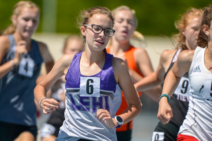 (Leah Hogsten | The Salt Lake Tribune) Lehi's Anna Martin took 1st in the 4A Girls' 3200 Meter, outpacing the 5A and the 6A runners with a time of 10:46.59 at the 2018 Utah UHSAA State Track and Field Championships at Clarence Robison Track on the campus of Brigham Young University in Provo, Thursday, May 17, 2018.
