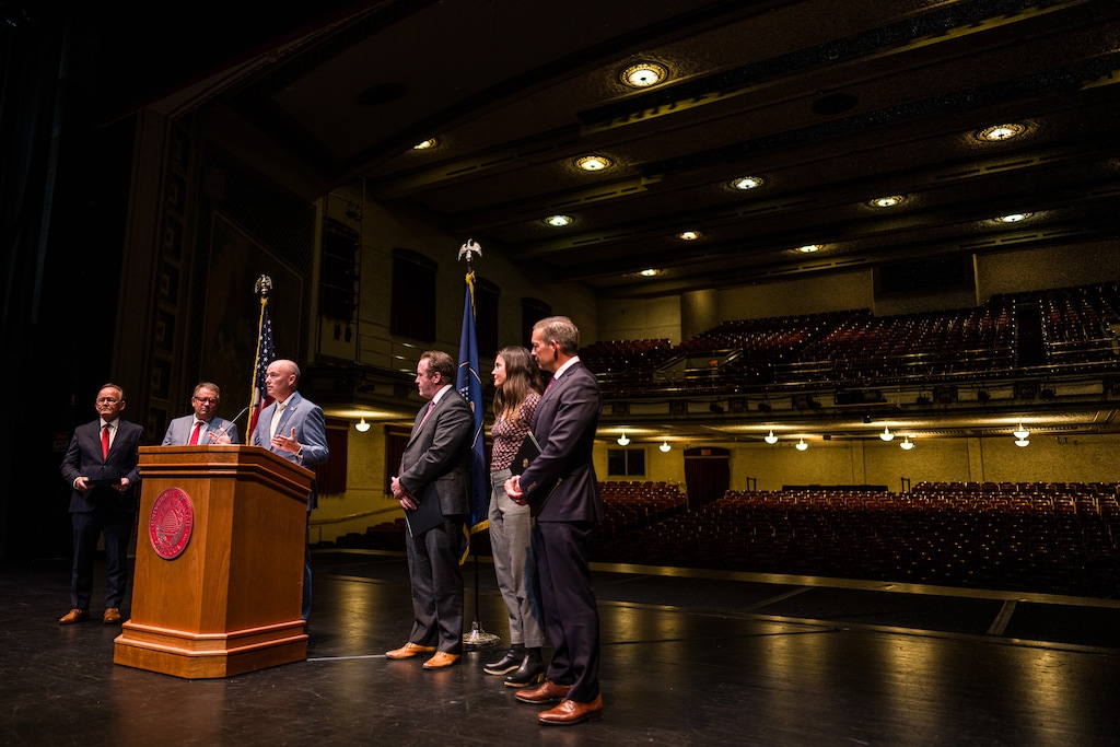(Trent Nelson  |  The Salt Lake Tribune) Gov. Spencer Cox speaks as officials announce that the University of Utah will host a presidential debate in 2024. The news conference was held at Kingsbury Hall in Salt Lake City on Monday, Nov. 20, 2023.