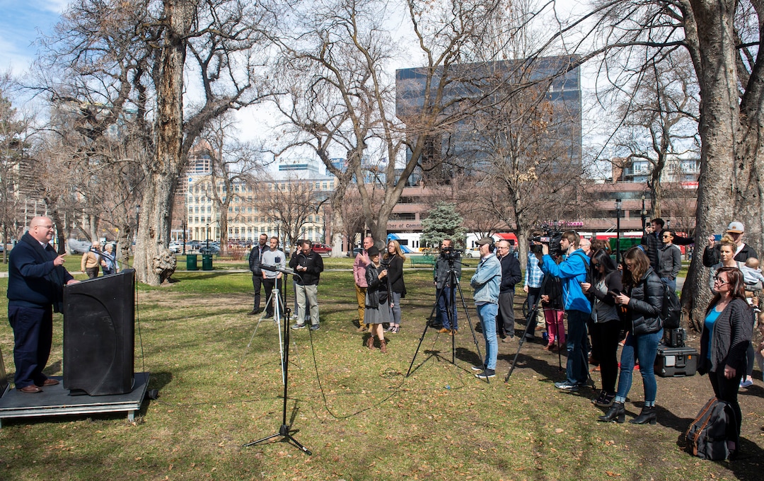 (Rick Egan  |  The Salt Lake Tribune)      Christian Harrison, launches his campaign  for Salt Lake City Mayor outside Salt Lake City Hall, Wednesday, March 20, 2019.