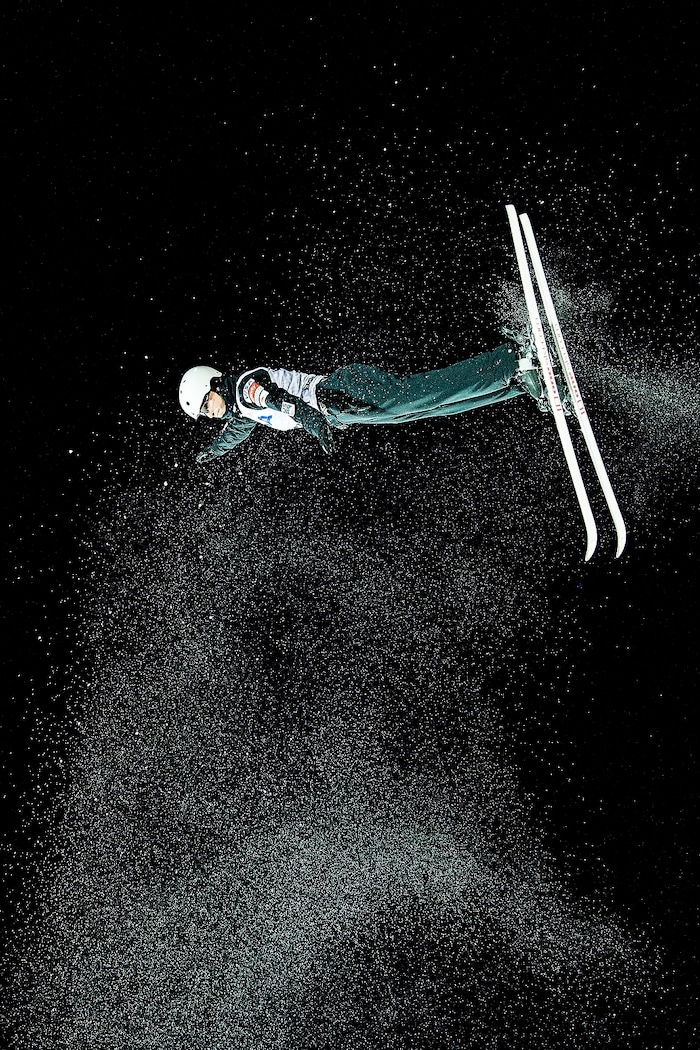 (Chris Detrick  |  The Salt Lake Tribune)  USA's Kiley McKinnon (6) competes in the Ladies' Aerial Finals during the FIS Visa Freestyle International Ski World Cup at Deer Valley Resort Friday, January 12, 2018.  McKinnon finished in eighth place. 