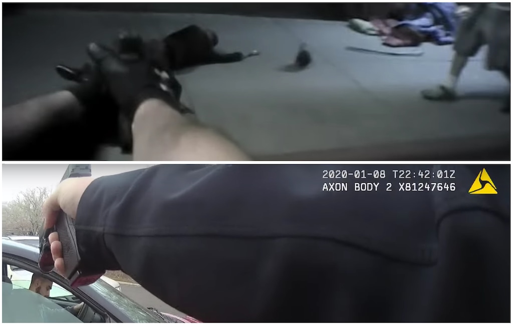 (Salt Lake City police via YouTube) Officer Jordan Winegar has fired in two police shootings, both of which were found to be legally justified. The first (top) was in 2016 when he shot Abdullahi “Abdi” Mohamed who had raised a broom stick as if to hit someone. He fired again in 2020 hitting Tyler Webster who was driving a car that pushed Winegar into a nearby guardrail. Mohamed and Webster were injured but lived.