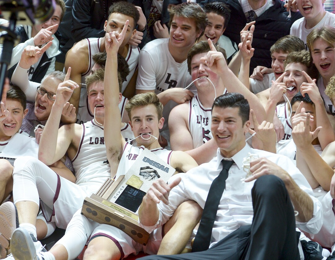 (Leah Hogsten  |  The Salt Lake Tribune) Lone Peak defeated Pleasant Grove 61-44 to win the 6A High School Boys’ Basketball Tournament Championship at the Jon M. Huntsman Center in Salt Lake City, Saturday, March 3, 2018. 