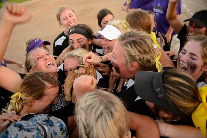 (Trent Nelson | The Salt Lake Tribune)  Box Elder beats Bountiful High School in the 5A Softball State Championship game, Thursday May 24, 2018. Box Elder players celebrate.