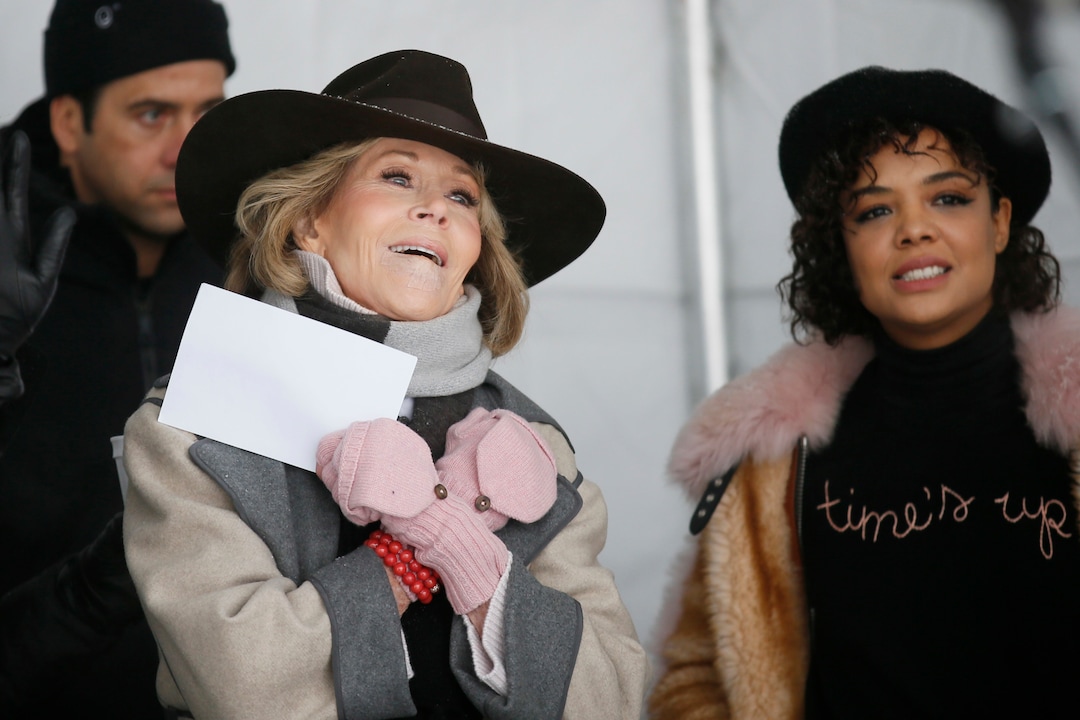 (Photo by Danny Moloshok/Invision/AP) Actress Jane Fonda, left, gestures a hug to someone in the crowd as she stands with actress Tessa Thompson, right, at the Respect Rally Park City during the 2018 Sundance Film Festival on Saturday, Jan. 20, 2018, in Park City.