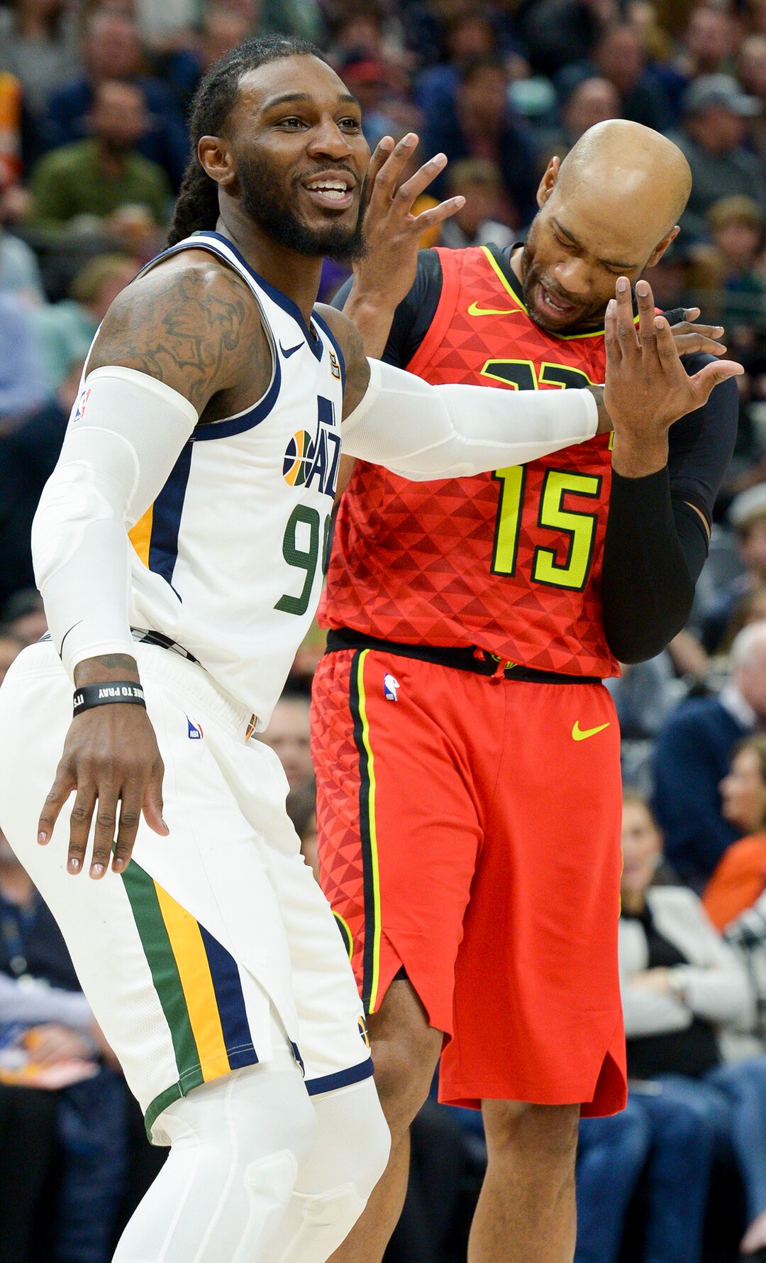 Leah Hogsten  |  The Salt Lake Tribune  Utah Jazz forward Jae Crowder (99) and Atlanta Hawks forward Vince Carter (15) laugh and push each other during the second half. The Utah Jazz defeated the Atlanta Hawks, 128-112  at Vivint Smart Home Arena, Feb. 1, 2019.