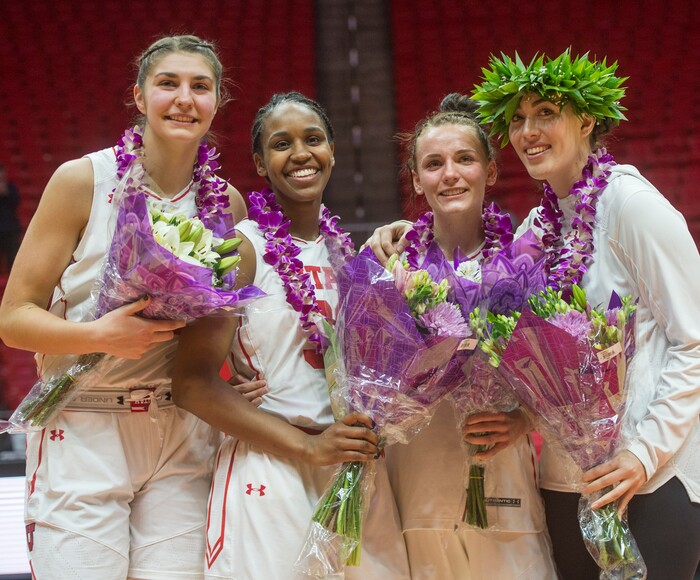 (Rick Egan  |  The Salt Lake Tribune)      Utah seniors, Emily Potter, Tanaeya Boclair, Tilar Clark and Wendy Anae on senior night, at the Jon M. Huntsman Center, Sunday, Feb. 18, 2018.